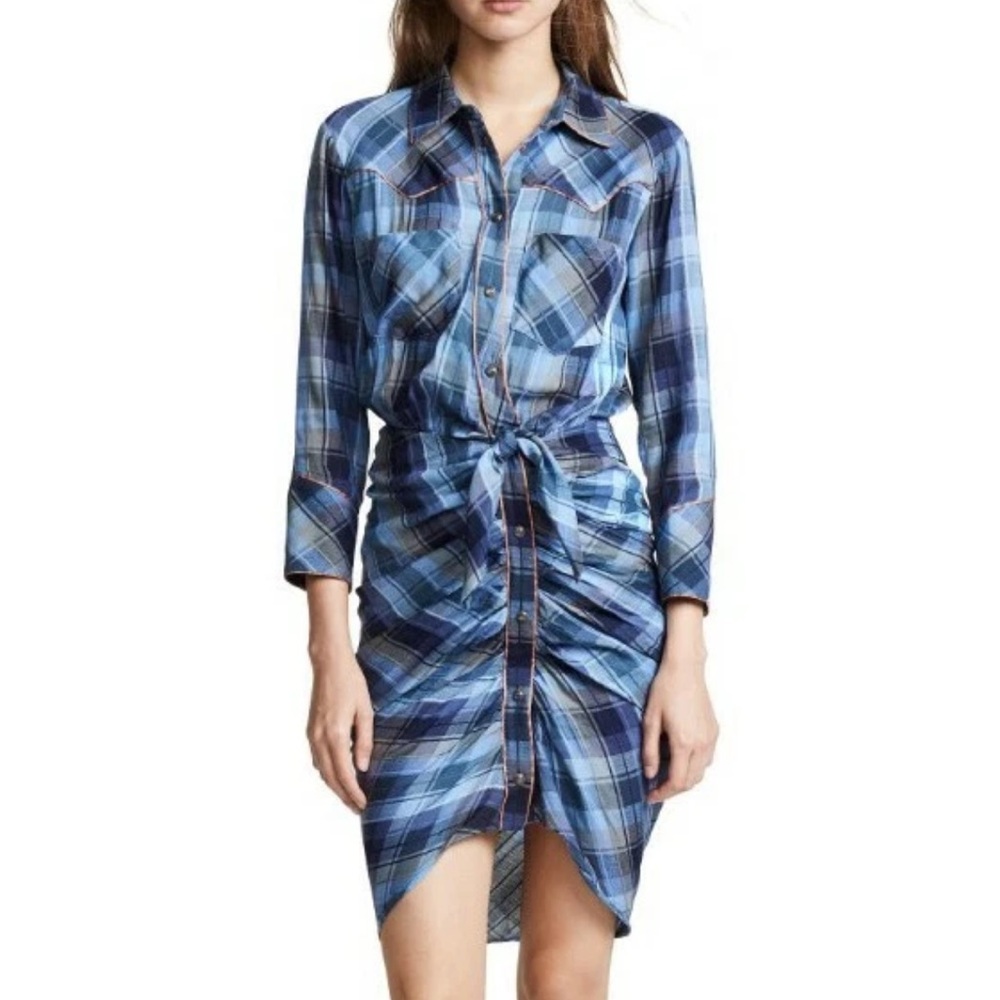Veronica Beard Sierra Plaid Ruched Western Button Front Shirtdress